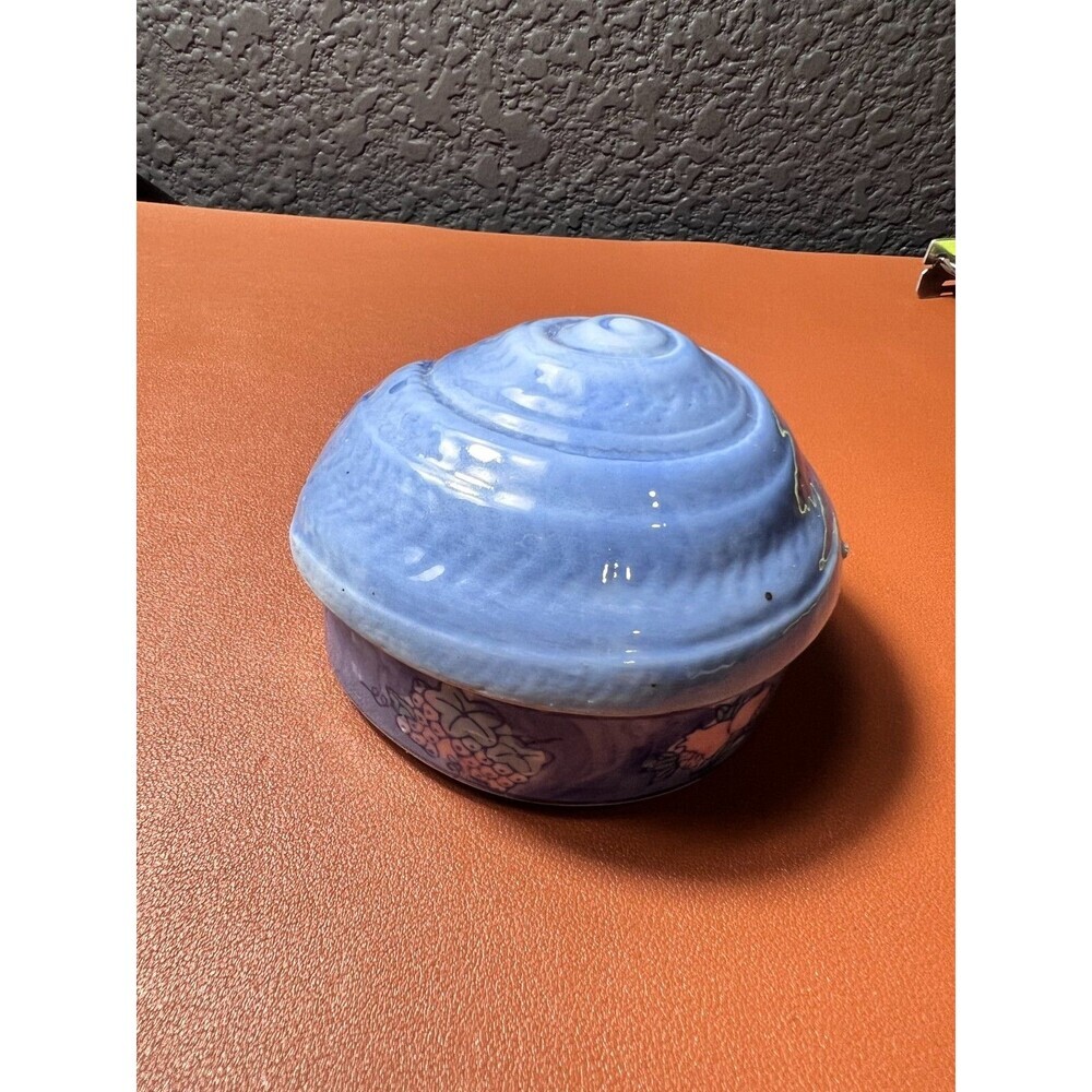 Vintage Ceramic Shell Trinket Box Blue Glazed with Floral Design Lid Coastal Dec